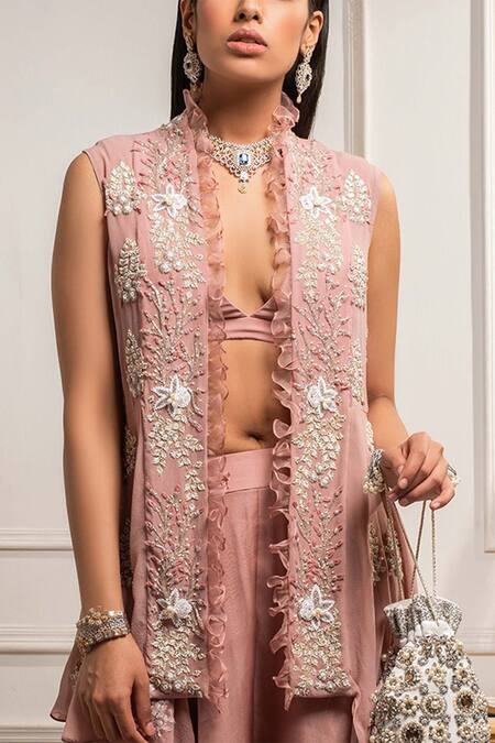 Buy_Seema Thukral_Pink Organza, Pure Georgette Bralette V Neck Pant Set With Embroidered Jacket _Online_at_Aza_Fashions