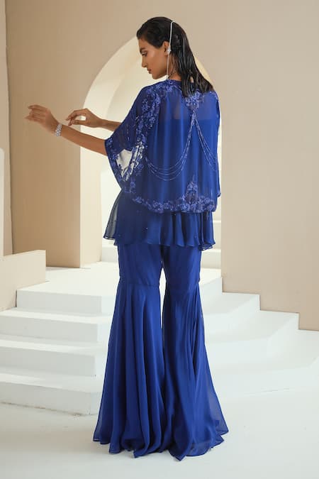 Shop_Seema Thukral_Blue Gharara Organza And Crepe, Lining Satin, Peplum & Embellished With Set _at_Aza_Fashions