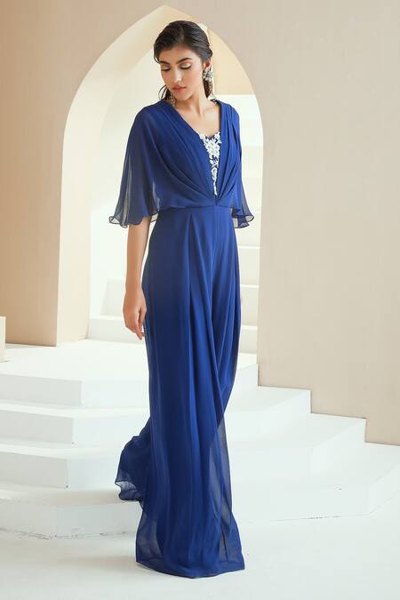 Seema Thukral Blue Georgette, Lining Satin Floral Motifs V Neck Draped Pleated Jumpsuit Online at Aza Fashions Seema Thukral_Blue Georgette, Lining Satin Floral Motifs V Neck Draped Pleated Jumpsuit _Online_at_Aza_Fashions