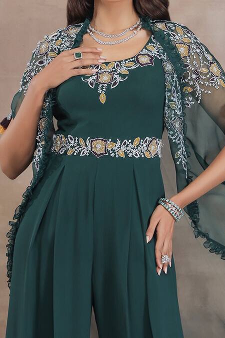 Seema Thukral_Green Cape Organza, Jumpsuit Georgette, Satin Lining Floral Embroidery, And Set_Online_at_Aza_Fashions