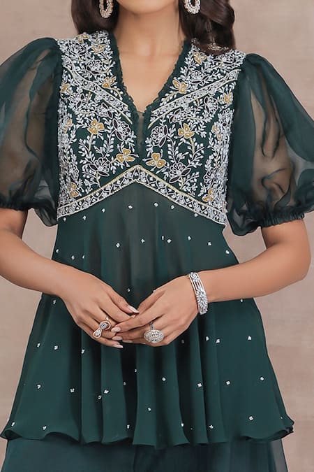 Seema Thukral_Green Georgette, Satin, Organza Embroidery, Beads, Floral Peplum And Sharara Set_Online_at_Aza_Fashions