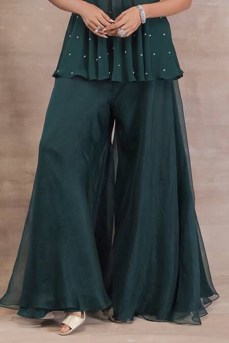 Buy_Seema Thukral_Green Georgette, Satin, Organza Embroidery, Beads, Floral Peplum And Sharara Set_Online_at_Aza_Fashions