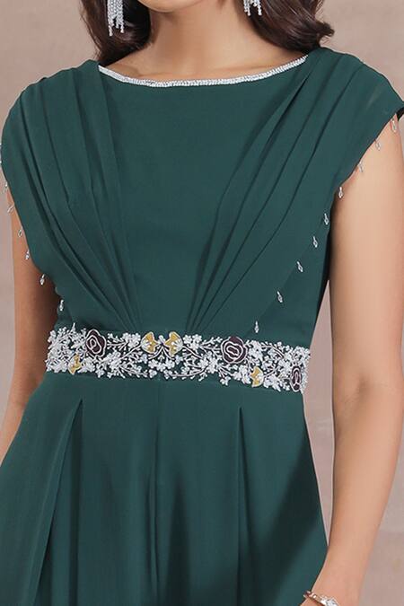 Seema Thukral_Green Georgette 60 Gms, Satin Lining Floral Embroidery Boat Pleated Jumpsuit _Online_at_Aza_Fashions