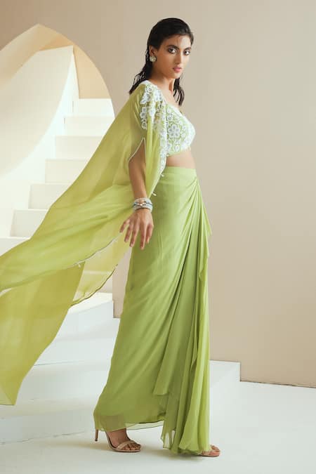 Seema Thukral_Green Cape Organza, Lining Satin, Skirt And Choli Embellished With Draped Set _Online_at_Aza_Fashions