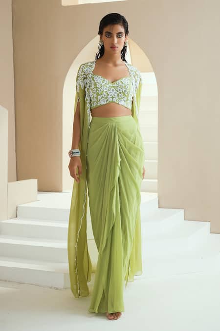 Buy_Seema Thukral_Green Cape Organza, Lining Satin, Skirt And Choli Embellished With Draped Set _Online_at_Aza_Fashions
