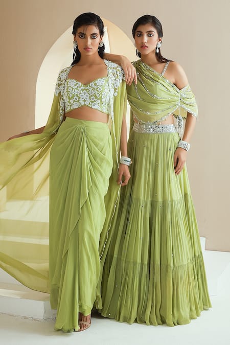 Shop_Seema Thukral_Green Cape Organza, Lining Satin, Skirt And Choli Embellished With Draped Set _Online_at_Aza_Fashions