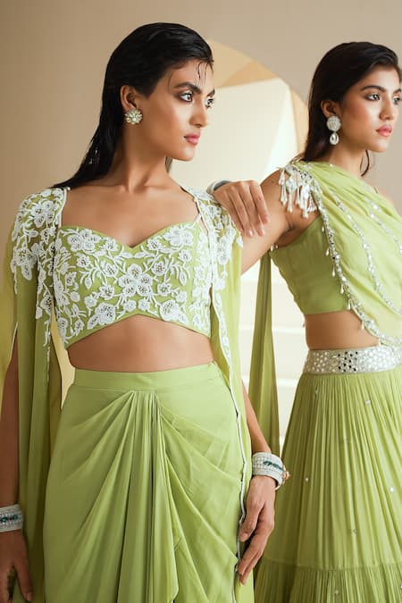 Seema Thukral_Green Cape Organza, Lining Satin, Skirt And Choli Embellished With Draped Set _at_Aza_Fashions