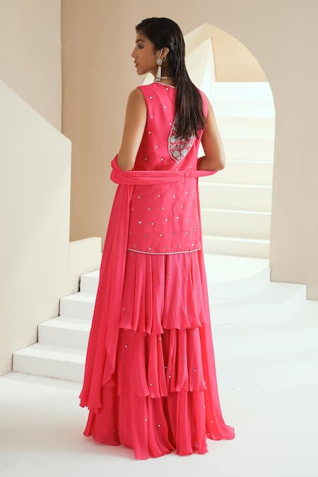 Shop Seema Thukral Pink Georgette, Chiffon, Crepe Mirrors, Floral Embroidered Kurta Sharara Set For Kids at Aza Fashions Shop_Seema Thukral_Pink Georgette, Chiffon, Crepe Mirrors, Floral Embroidered Kurta Sharara Set For Kids_at_Aza_Fashions