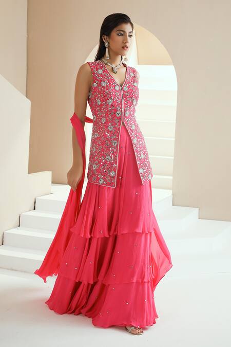 Seema Thukral Pink Georgette, Chiffon, Crepe Mirrors, Floral Embroidered Kurta Sharara Set For Kids Online at Aza Fashions Seema Thukral_Pink Georgette, Chiffon, Crepe Mirrors, Floral Embroidered Kurta Sharara Set For Kids_Online_at_Aza_Fashions