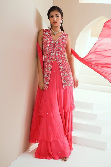 Buy Seema Thukral Pink Georgette, Chiffon, Crepe Mirrors, Floral Embroidered Kurta Sharara Set For Kids Online at Aza Fashions Buy_Seema Thukral_Pink Georgette, Chiffon, Crepe Mirrors, Floral Embroidered Kurta Sharara Set For Kids_Online_at_Aza_Fashions