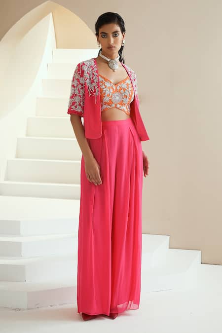 Seema Thukral_Pink Georgette, Lining Satin Floral Embellished Jacket And Pleated Pant Set_Online_at_Aza_Fashions