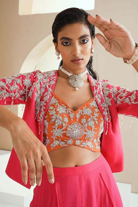 Shop_Seema Thukral_Pink Georgette, Lining Satin Floral Embellished Jacket And Pleated Pant Set_Online_at_Aza_Fashions