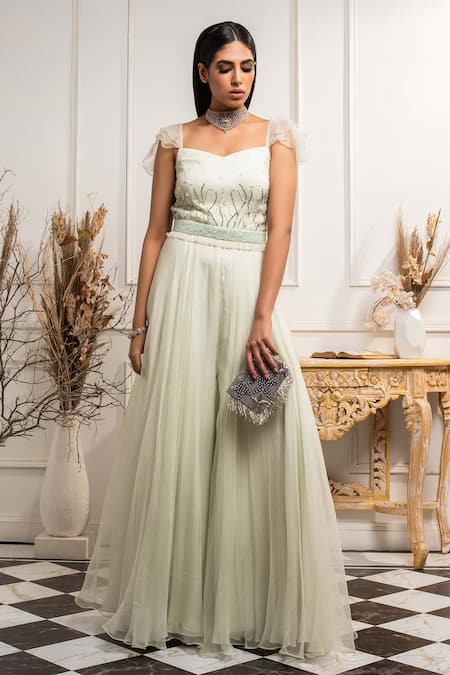 Seema Thukral Green Organza, Crepe, Pure Georgette Sweetheart Neck Hand Embroidered Jumpsuit