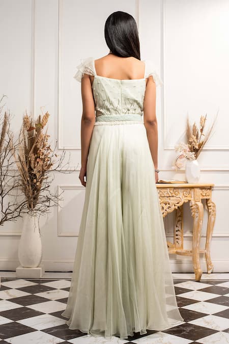 Shop Seema Thukral Green Organza, Crepe, Pure Georgette Sweetheart Neck Hand Embroidered Jumpsuit at Aza Fashions Shop_Seema Thukral_Green Organza, Crepe, Pure Georgette Sweetheart Neck Hand Embroidered Jumpsuit _at_Aza_Fashions