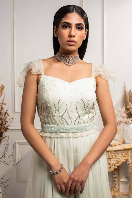 Seema Thukral Green Organza, Crepe, Pure Georgette Sweetheart Neck Hand Embroidered Jumpsuit Online at Aza Fashions Seema Thukral_Green Organza, Crepe, Pure Georgette Sweetheart Neck Hand Embroidered Jumpsuit _Online_at_Aza_Fashions