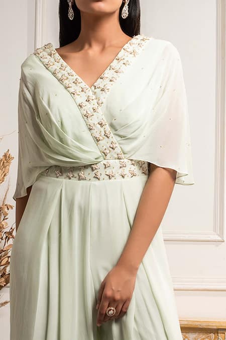 Seema Thukral_Green Pure Georgette Surplice Hand Embroidered Jumpsuit _Online_at_Aza_Fashions