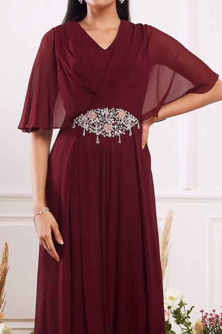 Seema Thukral Maroon Georgette Lining Satin V Neck Pleated Flared Jumpsuit Online at Aza Fashions Seema Thukral_Maroon Georgette Lining Satin V Neck Pleated Flared Jumpsuit_Online_at_Aza_Fashions