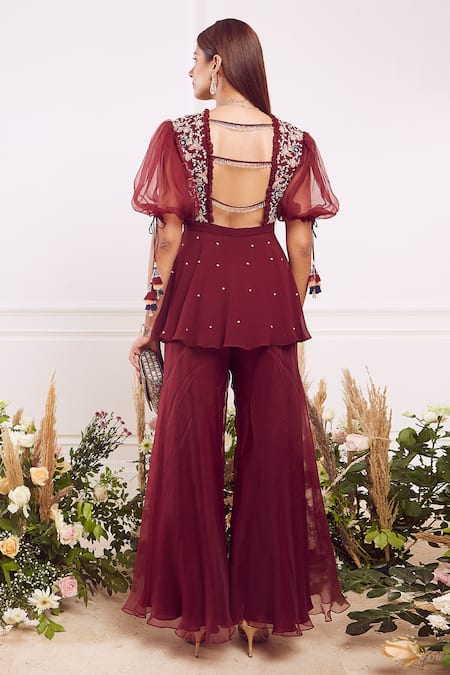 Shop_Seema Thukral_Maroon Pant And Top Organza Pant Crepe Lining Embroidered Peplum & Set _at_Aza_Fashions