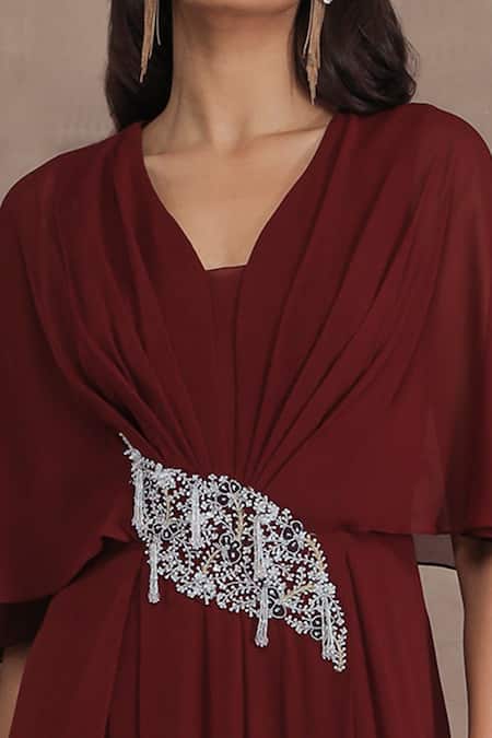 Seema Thukral Maroon Georgette 60 Gms, Satin Lining Floral Embroidery, Pleated Jumpsuit Online at Aza Fashions Seema Thukral_Maroon Georgette 60 Gms, Satin Lining Floral Embroidery, Pleated Jumpsuit _Online_at_Aza_Fashions