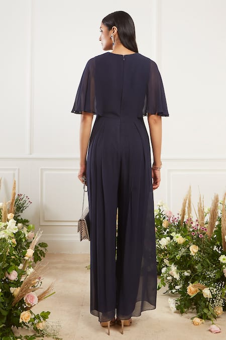 Shop_Seema Thukral_Blue Georgette Lining Satin V Neck Pleated Flared Jumpsuit _at_Aza_Fashions
