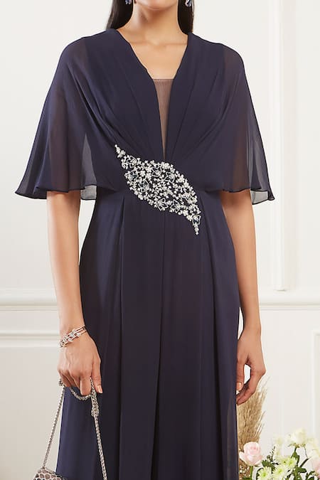 Seema Thukral_Blue Georgette Lining Satin V Neck Pleated Flared Jumpsuit _Online_at_Aza_Fashions