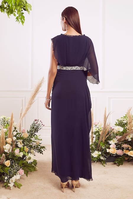 Shop Seema Thukral Blue Georgette Lining Satin Round Draped Gown at Aza Fashions Shop_Seema Thukral_Blue Georgette Lining Satin Round Draped Gown _at_Aza_Fashions