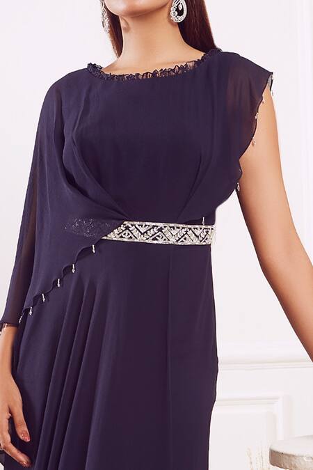 Seema Thukral Blue Georgette Lining Satin Round Draped Gown Online at Aza Fashions Seema Thukral_Blue Georgette Lining Satin Round Draped Gown _Online_at_Aza_Fashions