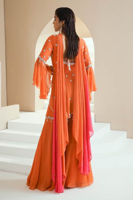 Shop_Seema Thukral_Orange Dupatta Chiffon, Gharara Organza And Crepe, Embellished Peplum Set _at_Aza_Fashions
