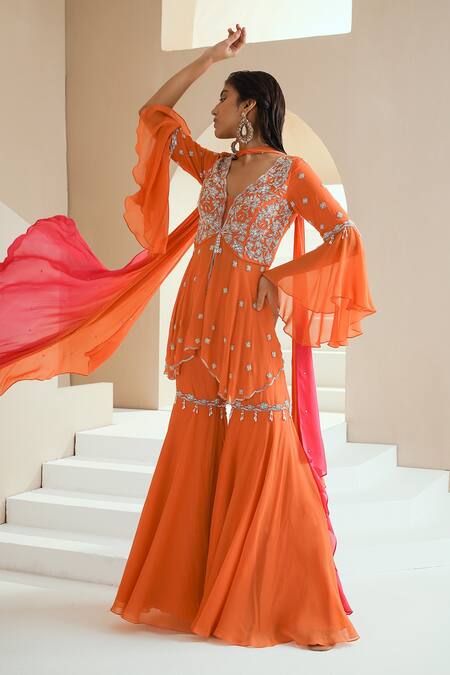 Seema Thukral_Orange Dupatta Chiffon, Gharara Organza And Crepe, Embellished Peplum Set _Online_at_Aza_Fashions