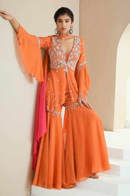 Buy_Seema Thukral_Orange Dupatta Chiffon, Gharara Organza And Crepe, Embellished Peplum Set _Online_at_Aza_Fashions