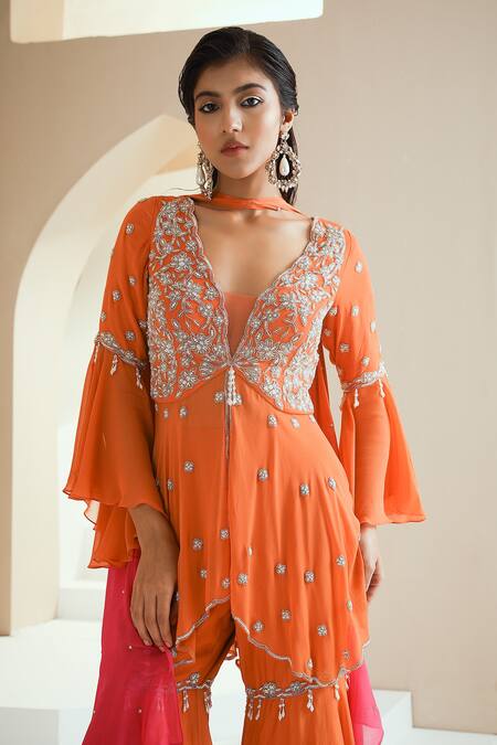 Shop_Seema Thukral_Orange Dupatta Chiffon, Gharara Organza And Crepe, Embellished Peplum Set _Online_at_Aza_Fashions