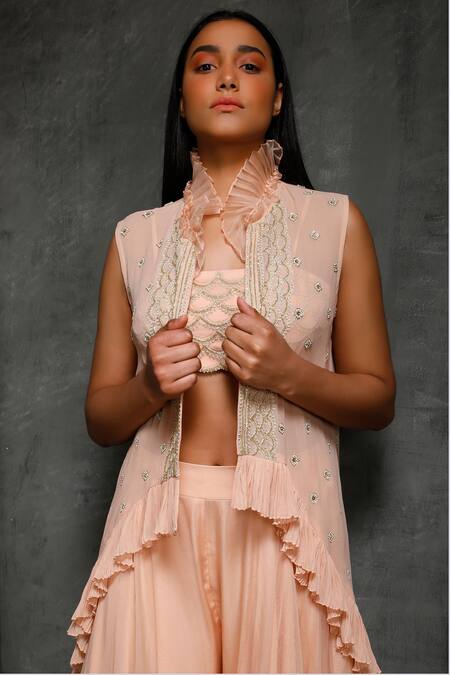 Buy_Seema Thukral_Peach Organza, Crepe, Pure Georgette, Satin Lining Embroidered And Pant Set _Online_at_Aza_Fashions