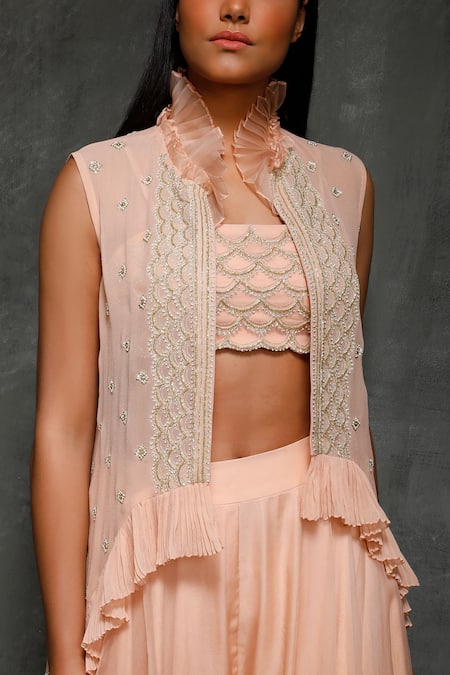 Shop_Seema Thukral_Peach Organza, Crepe, Pure Georgette, Satin Lining Embroidered And Pant Set _Online_at_Aza_Fashions