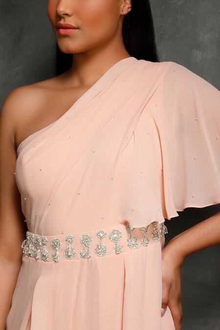 Shop_Seema Thukral_Peach Pure Georgette, Satin Lining Asymmetric Embroidered One Shoulder Jumpsuit _Online_at_Aza_Fashions