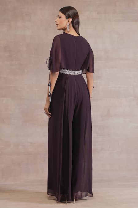 Shop Seema Thukral Purple Georgette, Satin Embroidery Floral Pleated Jumpsuit at Aza Fashions Shop_Seema Thukral_Purple Georgette, Satin Embroidery Floral Pleated Jumpsuit_at_Aza_Fashions