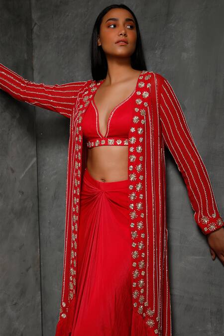 Seema Thukral_Pink Crepe, Pure Georgette, Satin Lining Cape Embroidered Jacket And Skirt Set _at_Aza_Fashions