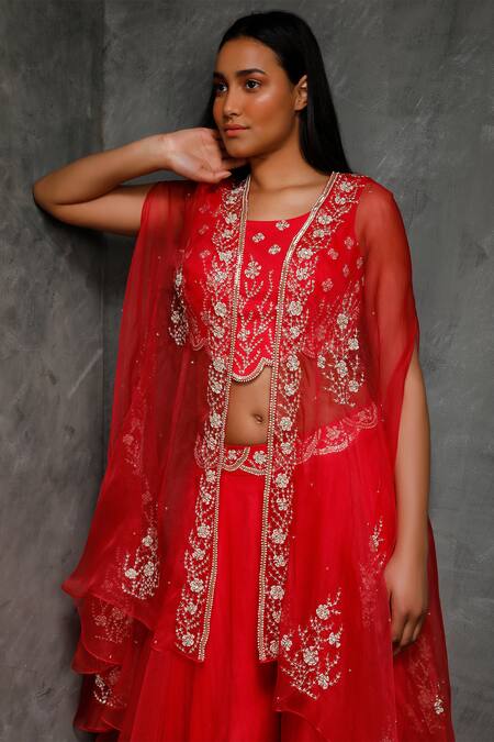 Buy_Seema Thukral_Pink Organza, Crepe, Pure Georgette, Satin Lining Cape Embroidered And Pant Set _Online_at_Aza_Fashions