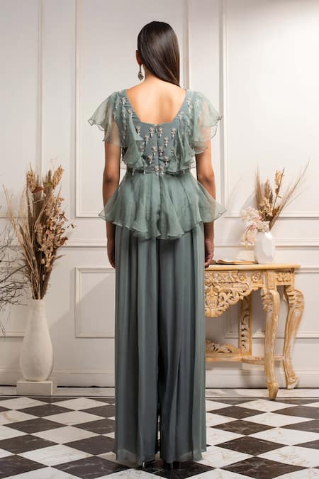 Shop Seema Thukral Blue Organza, Pure Georgette Square Neck Hand Embroidered Jumpsuit at Aza Fashions Shop_Seema Thukral_Blue Organza, Pure Georgette Square Neck Hand Embroidered Jumpsuit _at_Aza_Fashions