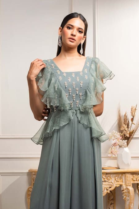 Seema Thukral Blue Organza, Pure Georgette Square Neck Hand Embroidered Jumpsuit Online at Aza Fashions Seema Thukral_Blue Organza, Pure Georgette Square Neck Hand Embroidered Jumpsuit _Online_at_Aza_Fashions