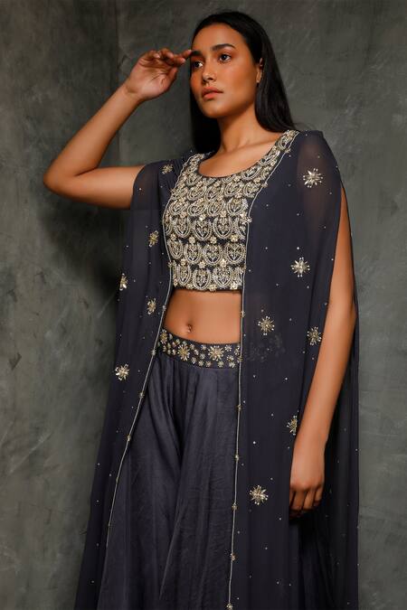Buy_Seema Thukral_Blue Organza, Crepe, Pure Georgette, Satin Lining Embroidered Cape And Pant Set _Online_at_Aza_Fashions