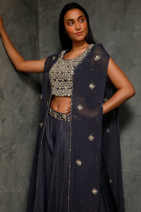 Shop_Seema Thukral_Blue Organza, Crepe, Pure Georgette, Satin Lining Embroidered Cape And Pant Set _Online_at_Aza_Fashions