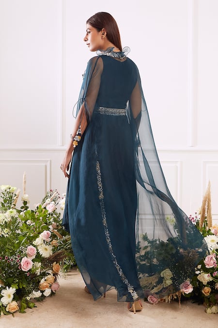 Shop Seema Thukral Green Dress Crepe Lining Satin, Jacket Organza V Neck Pleated With at Aza Fashions Shop_Seema Thukral_Green Dress Crepe Lining Satin, Jacket Organza V Neck Pleated With _at_Aza_Fashions