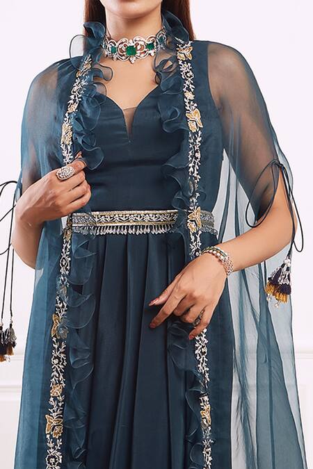 Seema Thukral Green Dress Crepe Lining Satin, Jacket Organza V Neck Pleated With Online at Aza Fashions Seema Thukral_Green Dress Crepe Lining Satin, Jacket Organza V Neck Pleated With _Online_at_Aza_Fashions