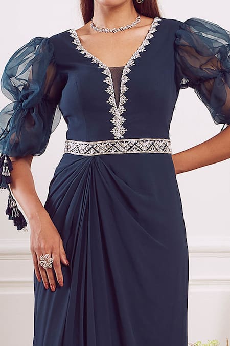 Seema Thukral_Green Georgette, Organza Lining Satin V Neck Draped Slit Gown_Online_at_Aza_Fashions