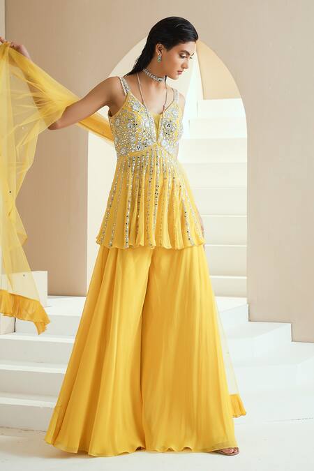 Seema Thukral Yellow Dupatta Net, Kurta Georgette, Lining Satin, Embellished Peplum Set Online at Aza Fashions Seema Thukral_Yellow Dupatta Net, Kurta Georgette, Lining Satin, Embellished Peplum Set_Online_at_Aza_Fashions