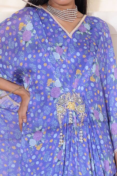 Seema Thukral_Blue Chiffon Lining Satin Floral Print, Glass Beads, Beads, Pearl And Kaftan_Online_at_Aza_Fashions