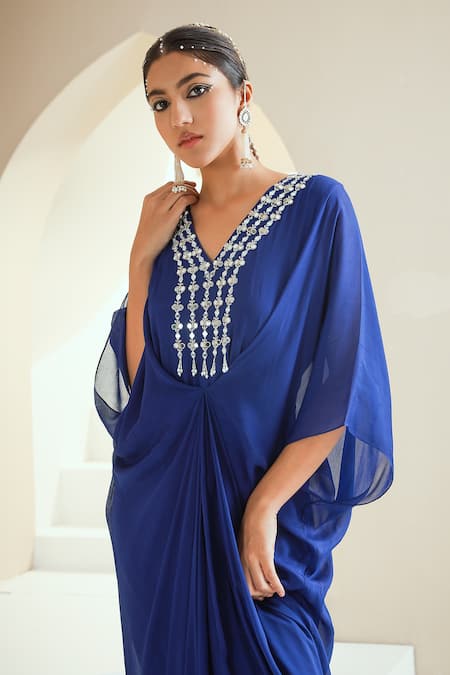 Seema Thukral Blue Chiffon, Lining Satin Floral Motifs V Neck Embroidered Draped Kaftan Online at Aza Fashions Seema Thukral_Blue Chiffon, Lining Satin Floral Motifs V Neck Embroidered Draped Kaftan_Online_at_Aza_Fashions
