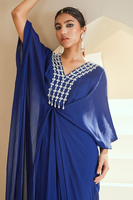 Buy Seema Thukral Blue Chiffon, Lining Satin Floral Motifs V Neck Embroidered Draped Kaftan Online at Aza Fashions Buy_Seema Thukral_Blue Chiffon, Lining Satin Floral Motifs V Neck Embroidered Draped Kaftan_Online_at_Aza_Fashions