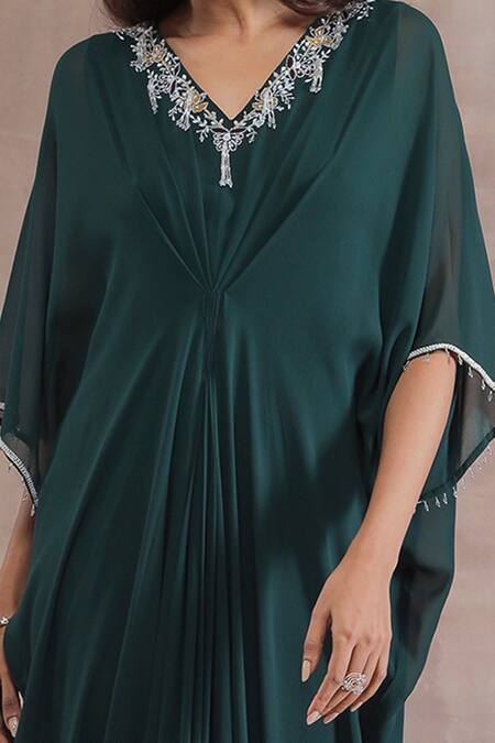 Seema Thukral_Green Georgette 60 Gms, Satin Lining Floral Embroidery, Organza Pleated Kaftan_Online_at_Aza_Fashions