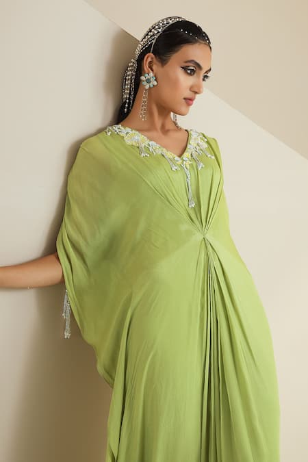 Seema Thukral_Green Chiffon, Lining Satin Floral Motifs V Neck Embroidered Draped Kaftan_Online_at_Aza_Fashions